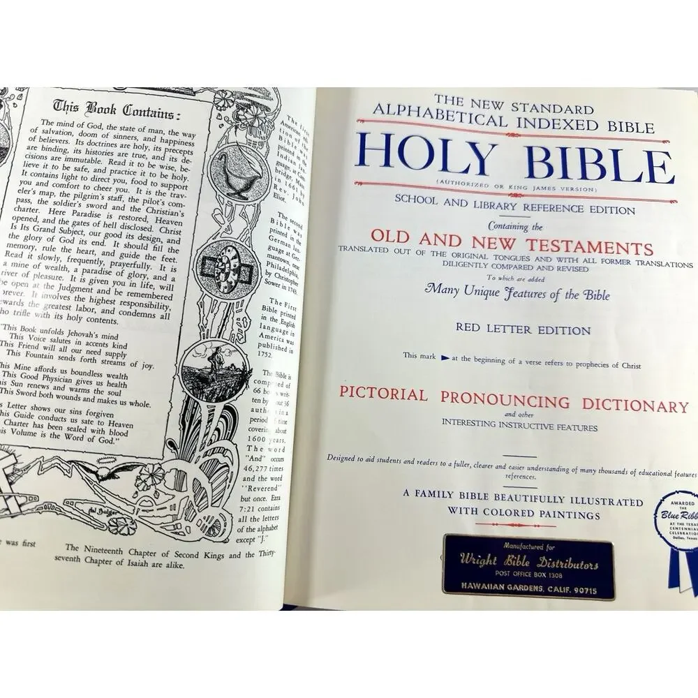 Vintage 1967-68 Hertel Holy Bible KJV Red Letter Blue Ribbon Family Bible